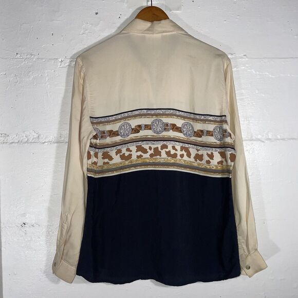 Vintage Wrangler Scarf Print Western Shirt Cream Navy Chain Medallion 80s 90s - Picture 7 of 11